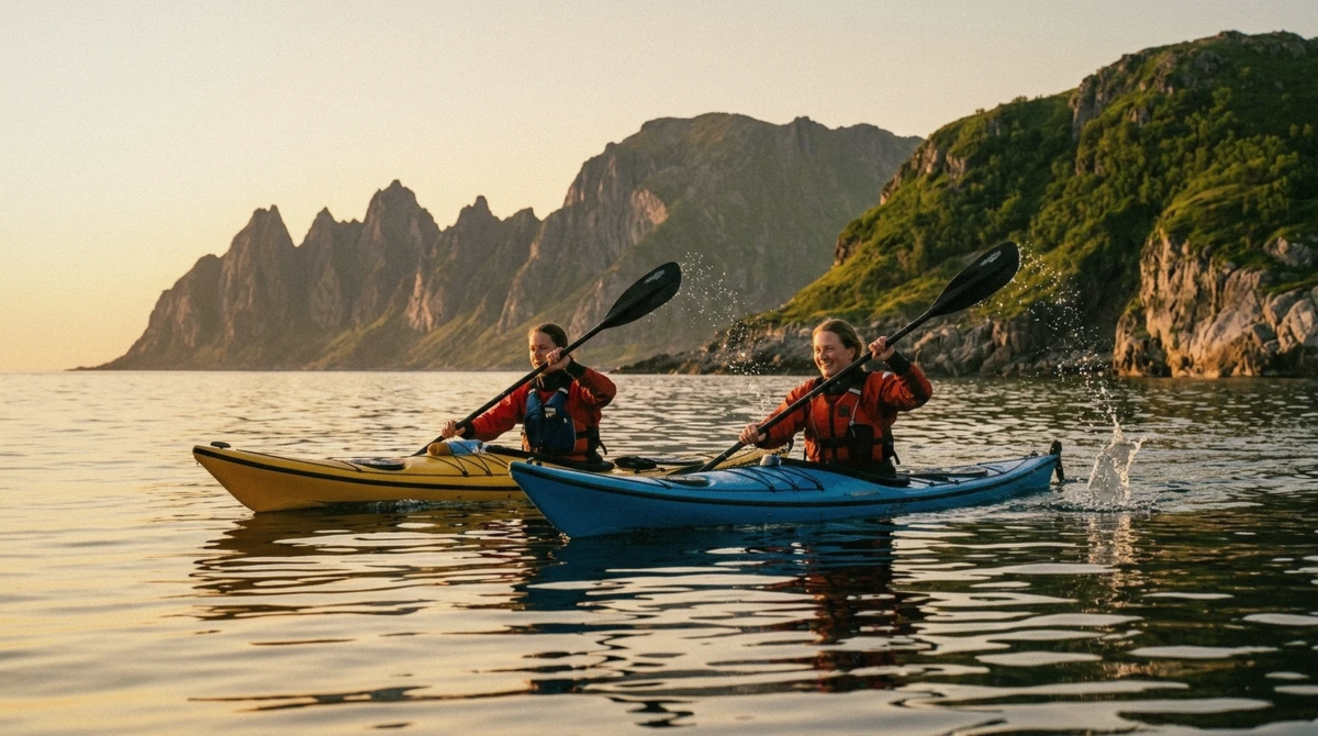 Two kayakers paddling in low gold light off Eggum during the Lofoten midnight sun